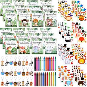 Tenceur 96 Pcs Jungle Safari Party Favors Set for Kids Baby Supplies Include Animals Coloring Books, Crayons, Zoo Safari Sticker, Jungle Keychain for Baby Shower Filler Classroom Decorations