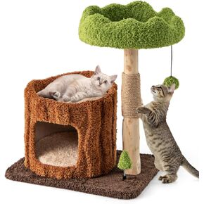 Tangkula Solid Wood Cat Tree, Natural Branch Cute Kitten Tower with Jute Scratching Post & Mat, Tree Hole Condo, Bed, Perch, Dangling & Spring Balls, Small Cat Climbing Stand for Indoor Cats & Kittens