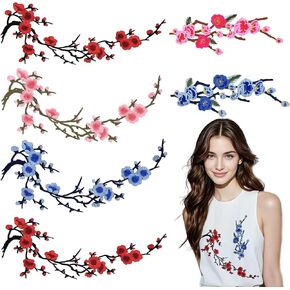 6 PCS Plum Blossom Embroidered Appliques Fashion Flower Sew on Iron On Patches Vintage Floral Decoration Patches for Holes Jeans Jacket Hat Dress Backpack DIY Clothes Accessory （Red, Pink, Blue）
