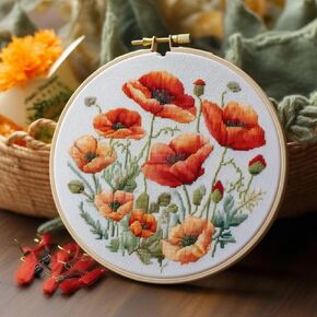 Generic Counted Easy Cross Stitch Kits Poppies & Bee Color Stamped Embroidery for Starter Kits DIY 11CT Stamped Patterns Embroidery Needlework Kit Supplies 12 Inch Hoop Included(163-E)