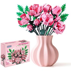 Pink Rose Flower Building Set-10pcs Roses & 2pcs Leaves Botanical Collection, Artificial Flowers for Home Décor, Rose Bouquet Building Kit for Valentine’s Day Christmas Birthday Anniversary (No Vase)