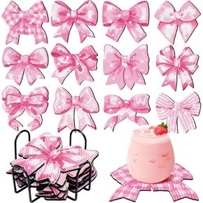 12 Pcs Pink Bow Diamond Painting Art Coasters with Holder Drink Diamond Painting Kit for Beginners Adults Art Supplies Craft Decoration Table Home Office Kitchen Party (Bow Shape)