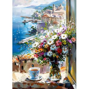 GDYEEH DIY 5D Colorful Flowers Diamond Art Kits, Round Full Drill Sparkling Sea View Diamond Painting Picture, Window Painting by Numbers Art Kits for Adults Beginners Home Wall Decor 12x16 inch