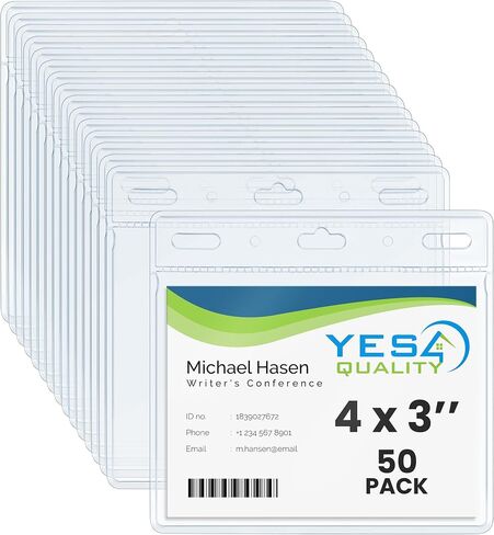 Yes4Quality - Horizontal Card Holder - 4x3 Inch, 50 Pack - Clear Name Badge Protector for ID Tags - Heavy-Duty No Zipper Nametag Badges - Quick Load for Easy Card Insert in Saudi Arabia