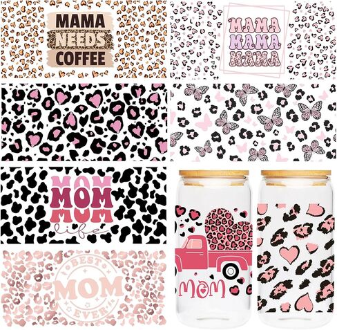 UV DTF Cup Wrap - 8 Sheets Boho Mama UV DTF Transfer Stickers for 16 OZ Glass, Leopard Print, Cow Print, Love Heart, Trunk, Butterfly Design Rub on Transfer, Mama Gift in Saudi Arabia