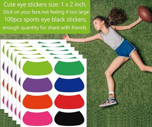 100 Pcs Colorful Sports Under Eye Black Stickers for Kids 1 x 2 Inch - Football Eye Black Lettering Softball Baseball Face Stickers Lacrosse Fans Eye Strips for Sport Game Day Themed Birthday Party in Saudi Arabia