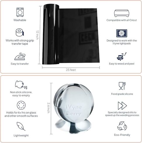 Ivyne ، HTV Heat Transfer Vinyl Roll ، الحديد على صفائح الفينيل لـ Cricut ، فينيل الصحافة الحرارية للقمصان ، القبعات ، ومشاريع الصياغة ، 12 "× 25 قدمًا من الفينيل الأبيض ، بلاك ، أسود in Kuwait
