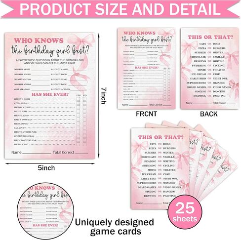 Birthday Party Games Card, Who Knows The Birthday Girl Best, Girls Sleepover Party Supplies for The Girls Card Game, 5x7 Inch Set of 25 Game Cards (Pink, Double-Sided) - A03 in Saudi Arabia