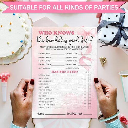 Birthday Party Games Card, Who Knows The Birthday Girl Best, Girls Sleepover Party Supplies for The Girls Card Game, 5x7 Inch Set of 25 Game Cards (Pink, Double-Sided) - A03 in Saudi Arabia