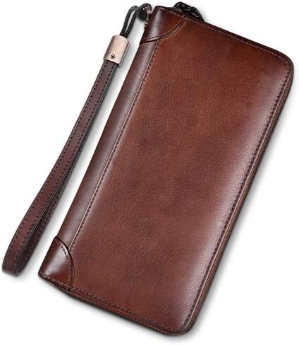 محفظة جلدية أصلية للنساء ذات استخدام مزدوج بسحاب طويل محفظة كلاسيكية مصنوعة يدويًا من جلد البقر وحامل بطاقات منظم (رمادي داكن) in Kuwait