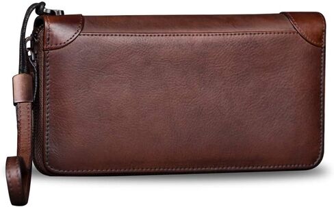 محفظة جلدية أصلية للنساء ذات استخدام مزدوج بسحاب طويل محفظة كلاسيكية مصنوعة يدويًا من جلد البقر وحامل بطاقات منظم (رمادي داكن) in Kuwait