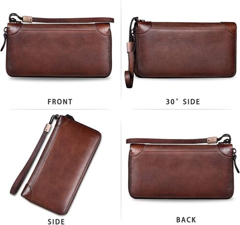 محفظة جلدية أصلية للنساء ذات استخدام مزدوج بسحاب طويل محفظة كلاسيكية مصنوعة يدويًا من جلد البقر وحامل بطاقات منظم (رمادي داكن) in Kuwait