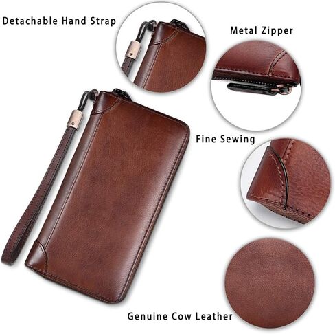 محفظة جلدية أصلية للنساء ذات استخدام مزدوج بسحاب طويل محفظة كلاسيكية مصنوعة يدويًا من جلد البقر وحامل بطاقات منظم (رمادي داكن) in Kuwait