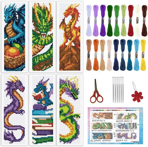 INFUNLY 6 Set DIY Cross Stitch Bookmark Kit Loong Cross Stitch Kits 8"x2.4" Pre-Printed Dragon Stamped Embroidery Bookmark Kit with Instructions for Beginners Book Lovers Adults Gift in Saudi Arabia