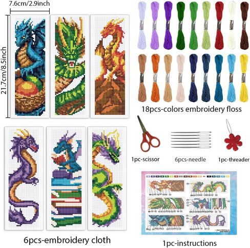 INFUNLY 6 Set DIY Cross Stitch Bookmark Kit Loong Cross Stitch Kits 8"x2.4" Pre-Printed Dragon Stamped Embroidery Bookmark Kit with Instructions for Beginners Book Lovers Adults Gift in Saudi Arabia