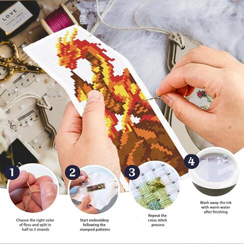 INFUNLY 6 Set DIY Cross Stitch Bookmark Kit Loong Cross Stitch Kits 8"x2.4" Pre-Printed Dragon Stamped Embroidery Bookmark Kit with Instructions for Beginners Book Lovers Adults Gift in Saudi Arabia