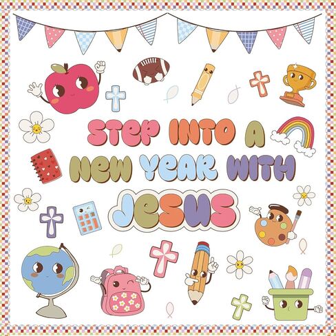 Christian Bulletin Board Decorations Sets Classroom Cutouts Back to School Chalkboard Decor Sunday School Groovy Religious Church Borders Decor Cross Step into a New Year with Jesus (Vintage) in Saudi Arabia