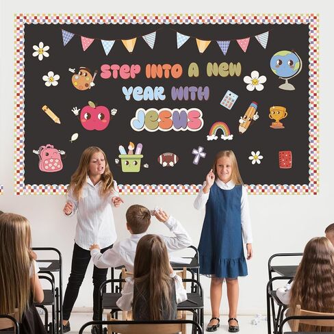Christian Bulletin Board Decorations Sets Classroom Cutouts Back to School Chalkboard Decor Sunday School Groovy Religious Church Borders Decor Cross Step into a New Year with Jesus (Vintage) in Saudi Arabia