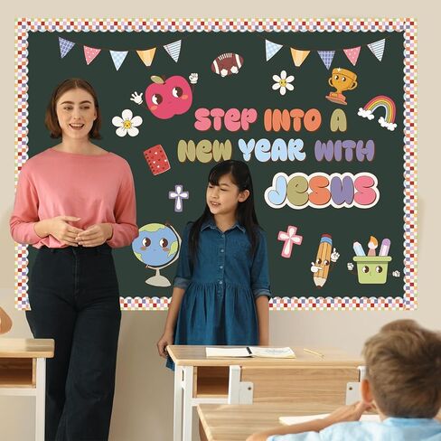Christian Bulletin Board Decorations Sets Classroom Cutouts Back to School Chalkboard Decor Sunday School Groovy Religious Church Borders Decor Cross Step into a New Year with Jesus (Vintage) in Saudi Arabia