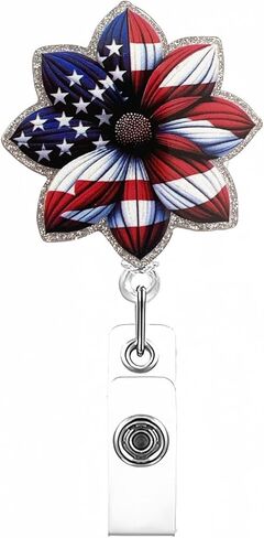 4th of July Retractable Badge Reel | Heart American Flag Design Badge Holder,Funny Acrylic ID Name Glitter Badge Holder with Alligator Clip,for Nurses, Doctors,Teachers, Students, Workers in Kuwait