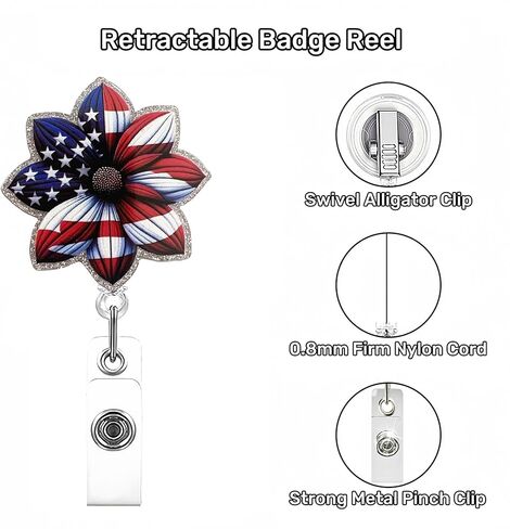 4th of July Retractable Badge Reel | Heart American Flag Design Badge Holder,Funny Acrylic ID Name Glitter Badge Holder with Alligator Clip,for Nurses, Doctors,Teachers, Students, Workers in Kuwait