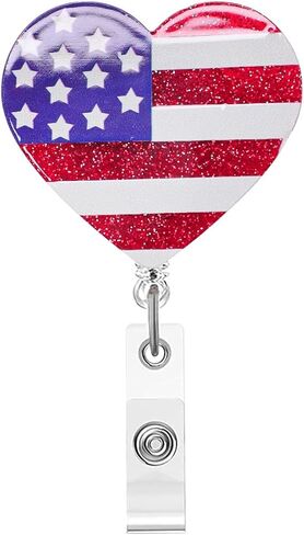4th of July Retractable Badge Reel | Heart American Flag Design Badge Holder,Funny Acrylic ID Name Glitter Badge Holder with Alligator Clip,for Nurses, Doctors,Teachers, Students, Workers in Kuwait