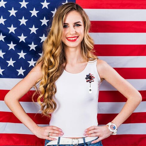 4th of July Retractable Badge Reel | Heart American Flag Design Badge Holder,Funny Acrylic ID Name Glitter Badge Holder with Alligator Clip,for Nurses, Doctors,Teachers, Students, Workers in Kuwait