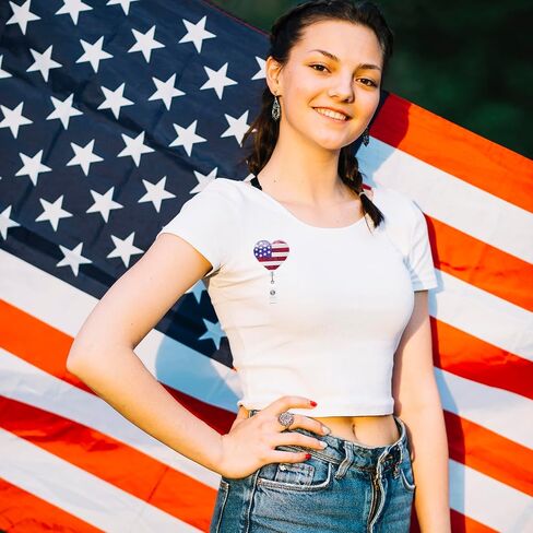 4th of July Retractable Badge Reel | Heart American Flag Design Badge Holder,Funny Acrylic ID Name Glitter Badge Holder with Alligator Clip,for Nurses, Doctors,Teachers, Students, Workers in Kuwait
