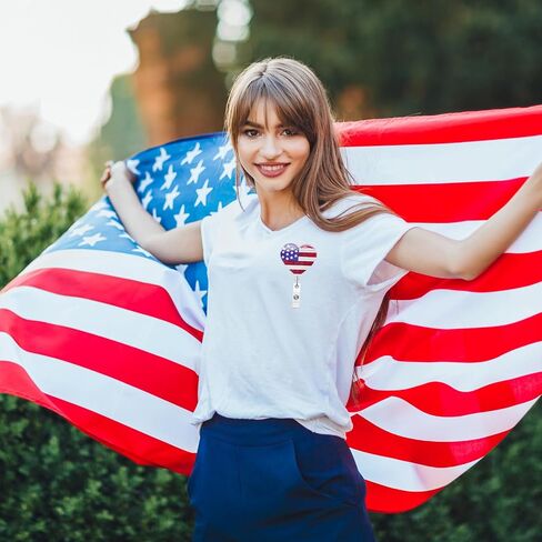 4th of July Retractable Badge Reel | Heart American Flag Design Badge Holder,Funny Acrylic ID Name Glitter Badge Holder with Alligator Clip,for Nurses, Doctors,Teachers, Students, Workers in Kuwait