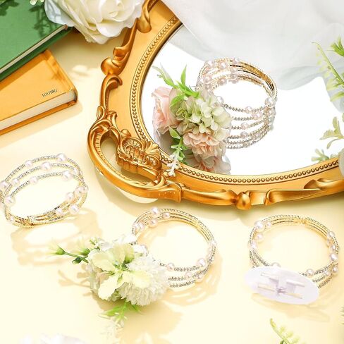 4 Pieces Corsage Bracelet Wrist Bands Bride Pearl Rhinestone Bracelet Elastic Wrist Corsage Bracelet DIY Wedding Wristband Faux Pearl Adjustable Wristband Corsage Accessory for Bridal Party Prom in Saudi Arabia