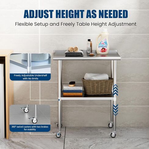 Stainless Steel Table with Wheels 30 x 30 Inches Metal Food Prep Worktable with Backsplash & Adjustable Undershelf for Kitchen, Outdoor, Restaurant, Bar & Garage in Kuwait