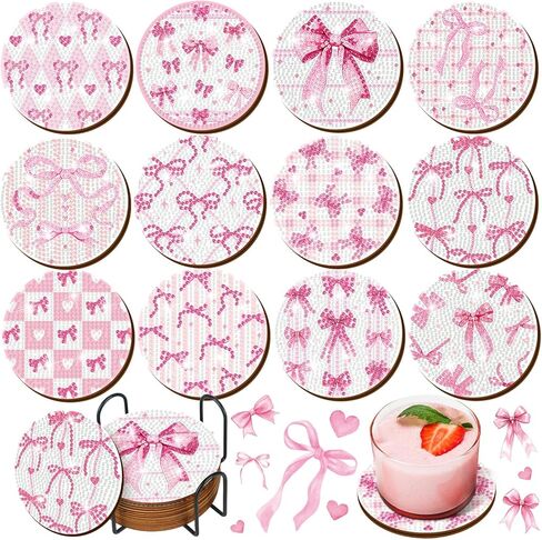 12 PCS Pink Bow Diamond Painting Coasters With Holder Drink Diamond Painting Kit للمبتدئين البالغين اللوازم الفنية in Saudi Arabia