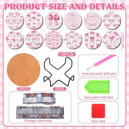 12 PCS Pink Bow Diamond Painting Coasters With Holder Drink Diamond Painting Kit للمبتدئين البالغين اللوازم الفنية in Saudi Arabia