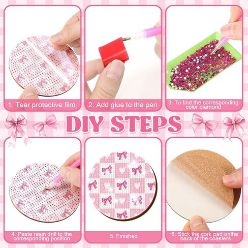 12 PCS Pink Bow Diamond Painting Coasters With Holder Drink Diamond Painting Kit للمبتدئين البالغين اللوازم الفنية in Saudi Arabia