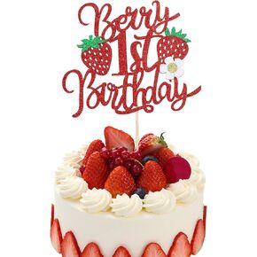 Ouligay Berry 1st Birthday Cake Topper, Sweet Strawberry Theme Cake Decorations for 1st Birthday Party Baby Shower Fruit Theme Cakes Decor Supplies