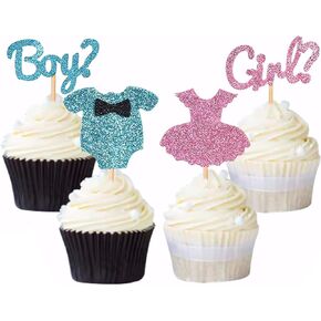 24 Pack Boy or Girl Cupcake Toppers Glitter Gender Reveal Cupcake Picks Baby Shower Cake Decoration for Pink Dress Blue Onesie Jumpsuit Baby Shower Kids Birthday Party Supplies