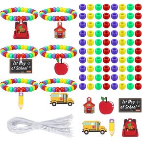Ecally 24 Sets Back to School Bead Bracelet Crafts Kit Welcome First Day of School Crafts Gifts Make Your Own First Day Party Favors for Apple Bus Shape Beads DIY Bracelet Supplies