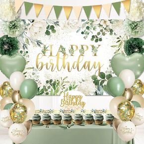 Happy Birthday Decorations For Women Men,Birthday Backdrop,Banner Balloons,Table Cloth,Paper pom poms Party Supplies for Girls Boys (Sage Green)