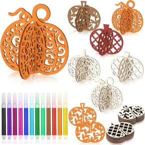 60 Pcs Fall Crafts Set 48 Pcs Wooden Pumpkin to Paint Unfinished Wood Slices 3D Wooden Pumpkin Cutouts with 12 Colored Pens for Thanksgiving Crafts Autumn Harvest Tiered Tray Table Decor