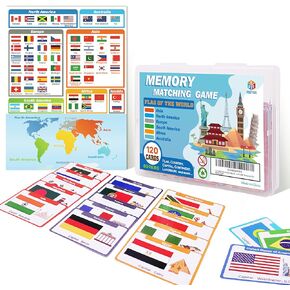 60 Pairs Flag Memory Matching Game Cards with Overview Chart Capital Continent for Kids Family and Adults Learning Education in Portable Waterproof Box