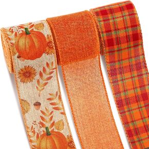 Riceshoot 3 Rolls 30 Yards Thanksgiving Wired Ribbons Fall Pumpkin Buffalo Plaid Ribbon Autumn Harvest Ribbons for Wreaths Craft Bow Making Supplies Gifts Wrapping Decoration(Orange)