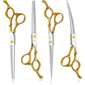 Dog Grooming Scissors,Chunkers Shears and Thinning Shears with Safety Round Tips, Sharp and Comfortable 4 in 1 Dog Scissors for Grooming