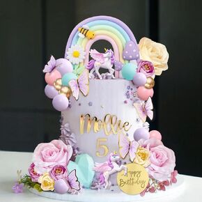 38pcs Unicorn Cake Toppers Rainbow Cake Decorations, Flower Birthday Decor with Butterflies and Mini Balls for Boys and Girls Unicorn Theme Party Supplies