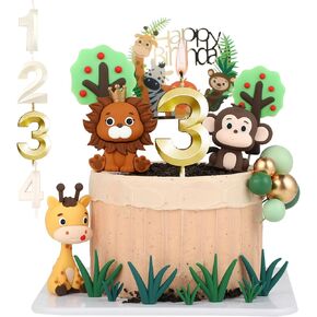 2st Birthday Safari Cake Toppers Set - 3D Lion, Monkey, Giraffe with Number 2 Candle, 8 Grass, Trees & Balls - 21PCS Jungle Animal Cake Decorations Kit for Boys Girls 2 Year Old Party (2st)