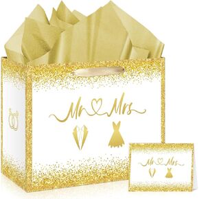 Large Gold Wedding Gift Bag with Tissue Paper and Card Bridal Shower Gift Wrap Bag Engagement Mr & Mrs. Party Favor Bag with Handle Anniversary Married Wrapping Paper Wedding Gift for Newlywed Couple
