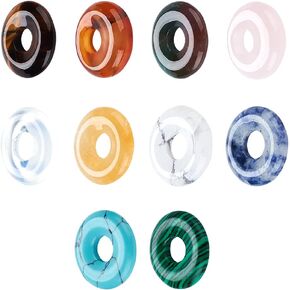 NBEADS 10 Pcs 10 Styles Natural Donut Gemstone Charms, 17.5mm Flat Round Mixed Natural and Synthetic Donut Stone Beads Pendants Natural Stone Pendant for Jewelry Making, Hole: 5.5mm
