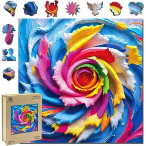 Wooden Puzzles for Adults Rainbow Swirl Rose - Laser-Cut Unique Shaped Brain Teaser, Stress Relief Jigsaw Puzzle Wall Art Home Decor Gift for Family (11.2"x11.2" 200pcs)