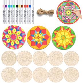 Brmeday 22Pcs Mandala Art Kit, DIY Unfinished Wood Crafts with Markers, 10 Wood Rounds - Perfect Hobby for Adults, Kids, Teens & Seniors - Ideal Gift for Beginners, Women & Elderly (with Holes)