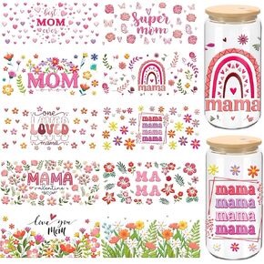 Wxiben UV DTF Cup Wrap - 10 Sheets Super Mom UV DTF Cup Wraps for 16 OZ Pink Mama UVDTF Wraps Flower Best Mom Ever Waterproof UVDTF Stickers for Glass Mother's Day Gifts