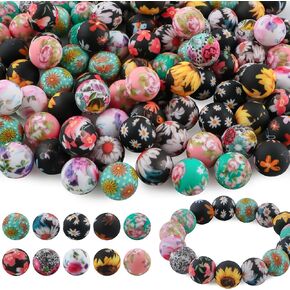 Sunrony 50PCS Print 15mm Silicone Beads Bulk, Flower Floral Daisy Printed Focal Pattern Silicone Beads for Keychain Making and Necklace Bracelet Pens DIY Decoration